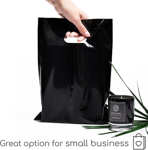 Vista 3 de Choice Marts Bolsas de mercancía 100 negras 9"x12" Tamaño 1.5Mil de grosor con asas Glossy Black Retail Bags. Convenient Carry Handles. Ideal For