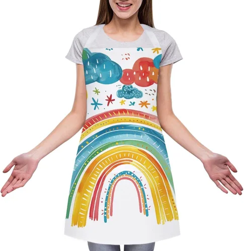Vista 3 de MUSM Apron for Adults - 27.6 X 31.5 Inch, Heavy-Duty Polyester Aprons with Two Large Pockets, Waterproof Rainbow Outline Art Kitchen Apron for