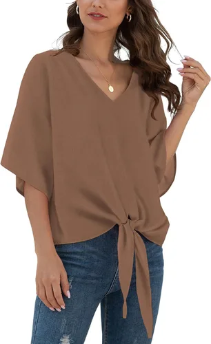 Vista 8 de VIISHOW Womens Tie Front Chiffon Blouses V Neck Batwing Short Sleeve Summer Tops Shirts Albaricoque