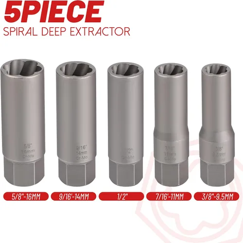 Vista 5 de Juego de 5 piezas de extractor de pernos en espiral profundo, juego de extractor de tuercas de rueda para pernos rayados, juego de extractor