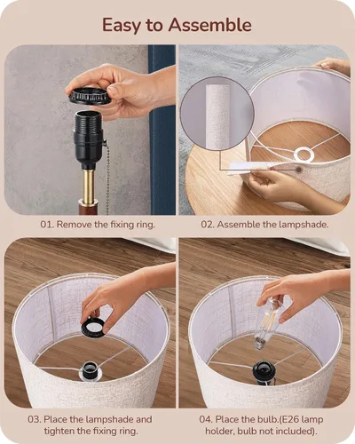 Vista 5 de EDISHINE Juego de 2 lámparas de mesa de mediados de siglo, lámpara de noche con interruptor de cadena, pantalla de lino, poste de madera maciza