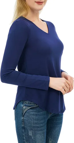 Vista 2 de Camisetas básicas de manga larga con cuello en V para mujer