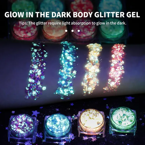 Vista 5 de Gel de purpurina para brillar en la oscuridad para el cuerpo y la cara para mujeres, 6 colores de gel de purpurina para maquillaje, purpurina gruesa