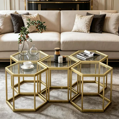 Vista 5 de Mesa auxiliar modular hexagonal, marco chapado en oro, parte superior de vidrio templado, mesa auxiliar geométrica, mesa anidable multiusos