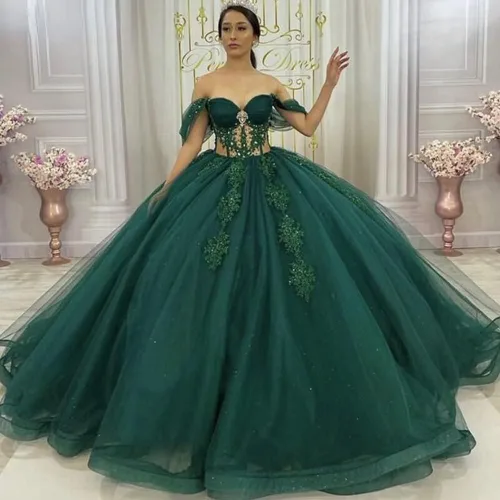 Vista 6 de Mouccy Brillantes con cuentas dulces 15 16 vestidos fuera del hombro encaje quinceañera vestidos de tul hinchado vestido de baile de graduación