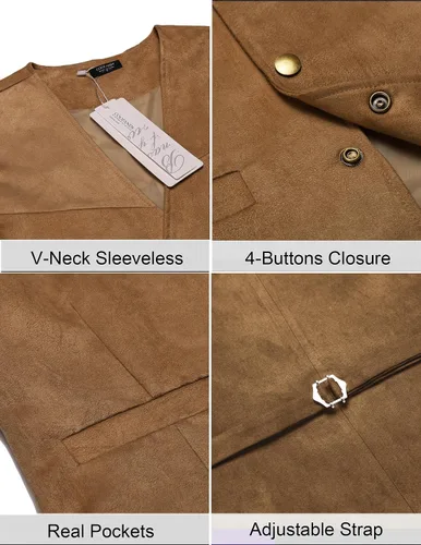 Vista 5 de COOFANDY Chaleco de traje de cuero de gamuza para hombre, chaleco occidental casual, chaleco ajustado