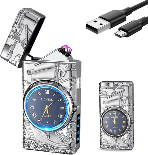 Vista 10 de GADATOP Encendedor eléctrico recargable a prueba de viento, encendedor de plasma con alivio de delfines 3D, reloj integrado con luz LED para uso