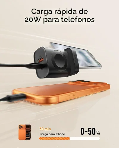Vista 4 de VRURC Cargador para iPhone y Apple Watch, bloque de carga rápida USB C de 20 W, adaptador de viaje compacto 3 en 1 con 2 puertos para iPhone