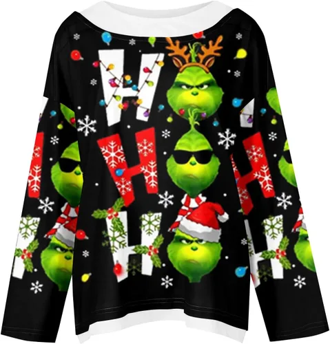 Vista 4 de WJDSZBD Suéter feo de Navidad para mujer, estampado de monstruo verde, manga larga, cuello redondo, sudaderas de fiesta de talla grande