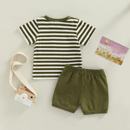 Vista 4 de Conjunto de ropa casual de manga corta con botones y pantalones cortos de lino para bebés y niños pequeños