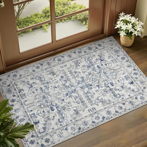 Vista 362 de jinchan Lima - Alfombra simétrica floral geométrica lavable, alfombra de entrada de medio círculo de 2 x 3, alfombra de media luna, suave y Azul