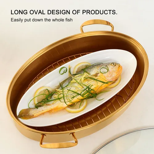 Vista 5 de Vaporizador de pescado de acero inoxidable, olla ovalada multiusos con estante, sartén de cerámica, portabrocas para cocinar pescado al vapor, sopa