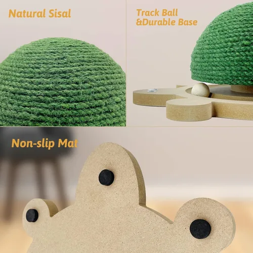 Vista 7 de Fhiny Pelota rascador para gatos, juguete rascador de sisal natural con pista de rodillos y base de madera con forma de tortuga para gatos