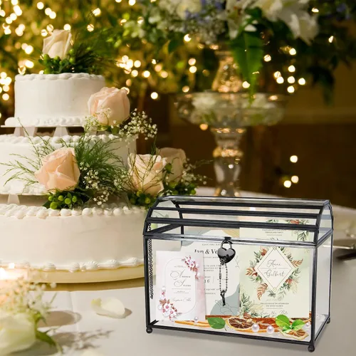 Vista 5 de HighFree Caja grande de cristal para tarjetas de boda de 12.2 pulgadas con ranura y cerradura, terrario geométrico de cobre hecho a mano, caja