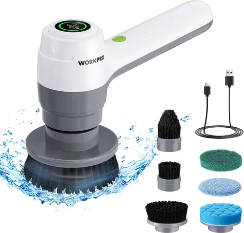 Vista 8 de WORKPRO - Limpiador giratorio inalámbrico de 8 V, 8 cabezales de cepillo reemplazables y 3 velocidades Long Adjustable Handle, IPX6 Waterproof