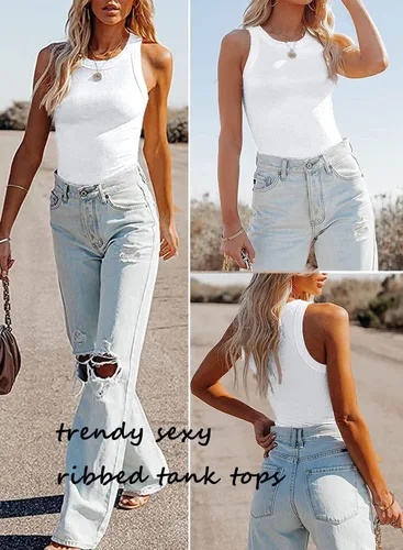 Vista 4 de Samefar Camiseta sin mangas de punto delgado para mujer, con espalda cruzada, casual, básica, acanalada