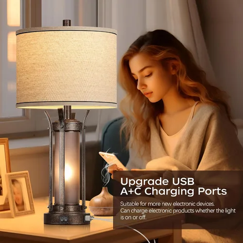 Vista 3 de QiMH - Lámparas de mesa de 26 pulgadas para sala de estar, rústicas, color bronce USB A+C Charging Ports, 4 Bulbs Included, Farmhouse Nightstand