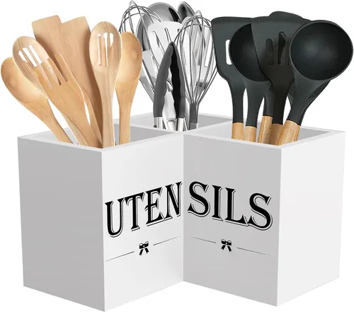 Vista 11 de Suli Soporte extra grande para utensilios de cocina con 3 compartimentos, organizador de utensilios de esquina para encimera, organizador