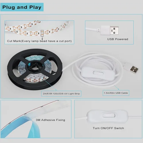 Vista 3 de Tiras de luz LED negras de 6.6 pies, 120 perlas de lámpara, kit de tira de luz negra LED con cable USB de 1.5 m, tira de luz Blacklight flexible