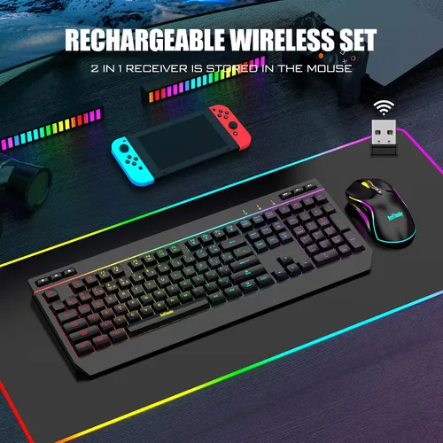 Vista 2 de RedThunder Combo de teclado y mouse inalámbricos K20, teclado antifantasma de tamaño completo con teclas multimedia + mouse óptico 7D 4800DPI, juego