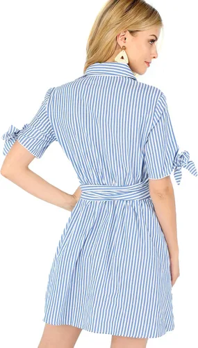 Vista 3 de Romwe Vestido camisero corto a rayas de verano para mujer con cinturón con botones al cuello