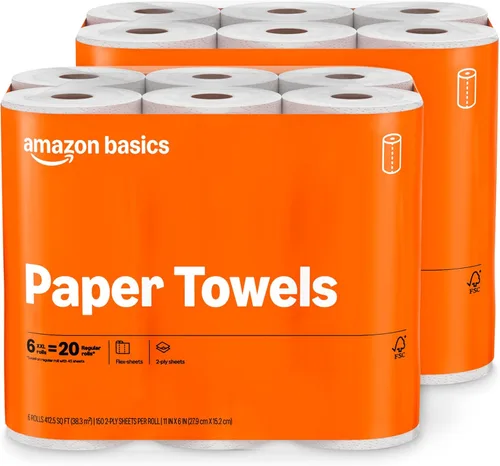 Vista 9 de Amazon Basics Toallas de papel Flex-Sheets de 2 capas, 2 rollos Basics = 6 rollos regulares, valor diario con 150 hojas por rollo, el empaque puede