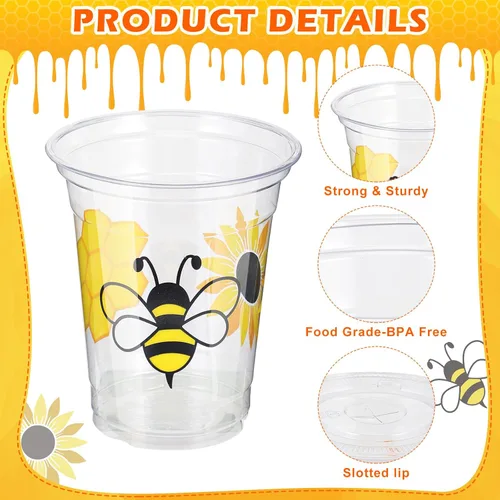 Vista 3 de Sliner 120 vasos de decoración de fiesta de abeja de miel, vasos de plástico desechables transparentes de 12 onzas, vasos de plástico para el primer