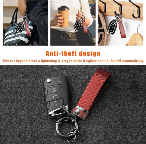 Vista 6 de Ziciner Llavero de coche de fibra de carbono, llavero universal de cuero de alta calidad, giratorio de 360 grados con anillo en D antipérdida