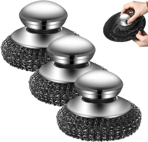 Vista 8 de Depurador de lana de acero con asa, limpiador de platos de acero inoxidable resistente para limpiar platos, ollas de hierro, estufas, fregadero