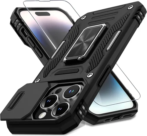 Vista 393 de DEERLAMN Funda para iPhone Xs Max con funda deslizante para cámara + protector de pantalla, soporte giratorio de anillo de grado militar a prueba
