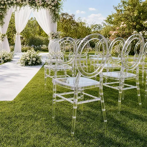 Vista 11 de Efavormart - Juego de 1 silla de banquete transparente sin brazos apilable con respaldo ovalado acrílico, construcción de plástico invisible