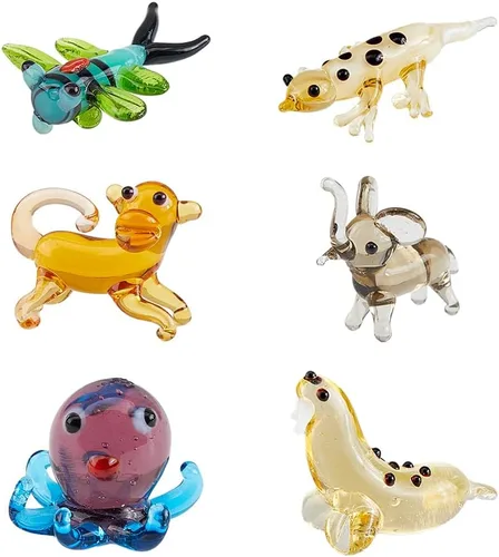 Vista 7 de 6 piezas de figuras de vidrio soplado a mano en miniatura, decoración de animales de cristal colorido, rana, ciervo sika, elefante, delfín mítico