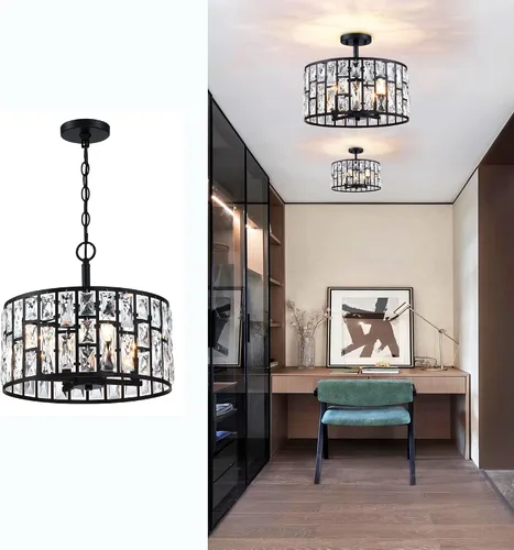 Vista 23 de MEXO Lámpara colgante de cristal moderna de 2 piezas con acabado mate negro, iluminación colgante, candelabro de cristal para sala de estar, cocina