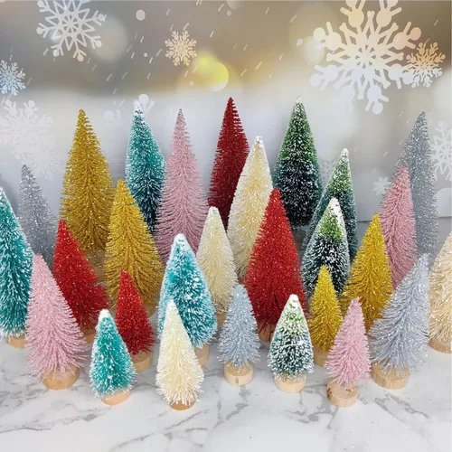 Vista 7 de 24 piezas de árboles de cepillo para botellas, decoración de Navidad, mini árbol de Navidad blanco con base de madera, árbol de pino de sisal