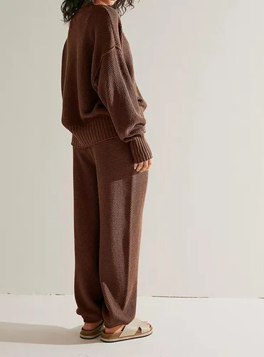 Vista 2 de calbatic Conjunto de dos piezas para mujer, suéter de punto y pantalones de pierna ancha, ajuste holgado, conjunto casual de descanso, Marrón