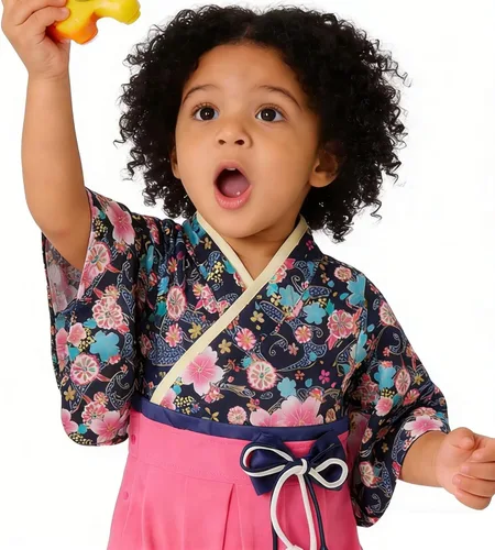 Vista 4 de Traje de kimono para bebé niña, trajes japoneses de hakama, trajes de samurái para bebés