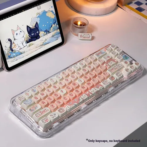 Vista 2 de SEUNKWANG EWEADN Cute Cat Theme PBT & PC Keycaps, 132 Keys MOA Profile Custom Keycap Set, Aesthetic Pink Keycaps for Mechanical Keyboard Compatible