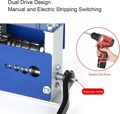 Vista 2 de Máquina pelacables, manual y eléctrico, compatible con taladro de cobre con 6 agujeros, rodillo de ranura en V para cables de 0.138 in, 0.276 in
