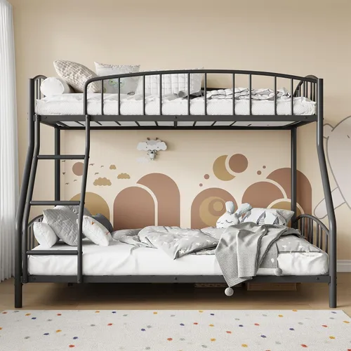 Vista 3 de Garvee - Litera individual sobre matrimonial con escalera y barandilla para niños y adultos Heavy Duty Metal Bunk Bed Frame, Sturdy Steel Slats