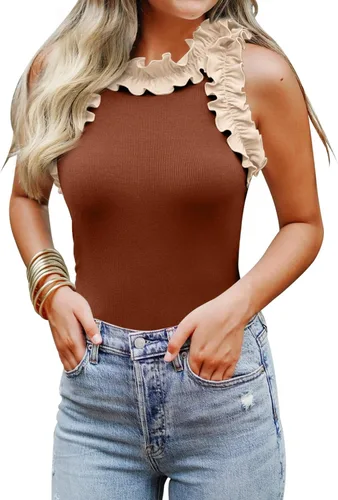 Vista 20 de WAYMAKER - Camiseta sin mangas para mujer, body de estilo sexy con espalda cruzada, cuello de tortuga simulado y ribeteado