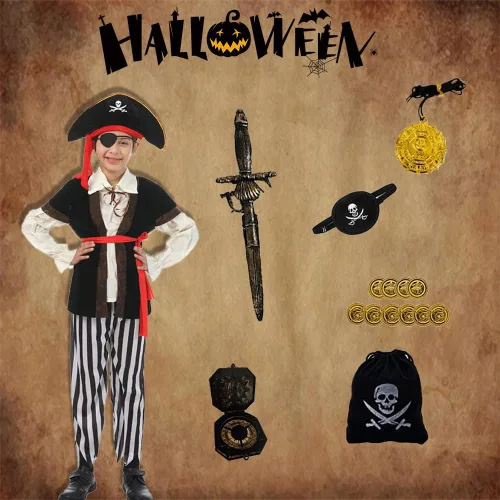 Vista 8 de Qingzhuan Disfraz de pirata para niños, disfraz para niños con sombreros, accesorios de pirata, disfraz para Halloween, fiesta de piratas