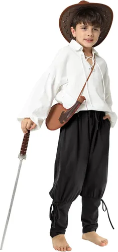 Vista 2 de Pantalones de tobillo medievales para niños y niños, disfraz de pirata vikinga, con cordones y bandas cónicas, pantalones góticos