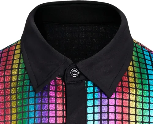 Vista 5 de Camisa de discoteca de los años 70 con lentejuelas de manga corta con botones, brillante disfraz de fiesta de graduación