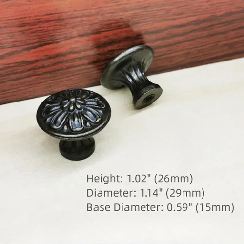 Vista 4 de Pomo de un solo agujero negro antiguo con diseño de pétalos vintage americano, accesorios de gabinete de aleación de zinc para tiradores de cocina