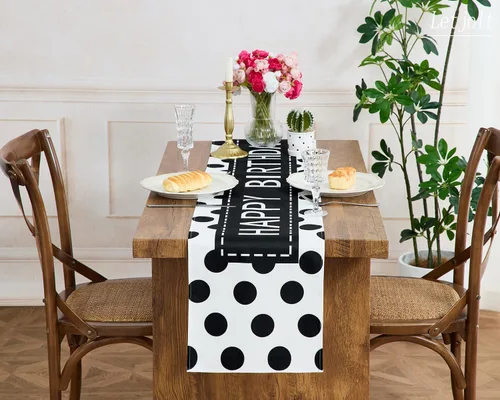 Vista 5 de Letjolt - Camino de mesa de feliz cumpleaños, 72 pulgadas, punto negro Tela similar al lino, carteles de fiesta de cumpleaños, decoraciones de mesa