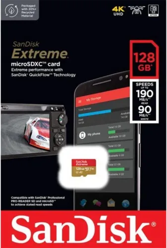 Vista 3 de SanDisk Tarjeta UHS I Extreme microSD de 128 GB para video 4K en teléfonos inteligentes, cámaras de acción y drones 190 MB/s de lectura, 90 MB/s