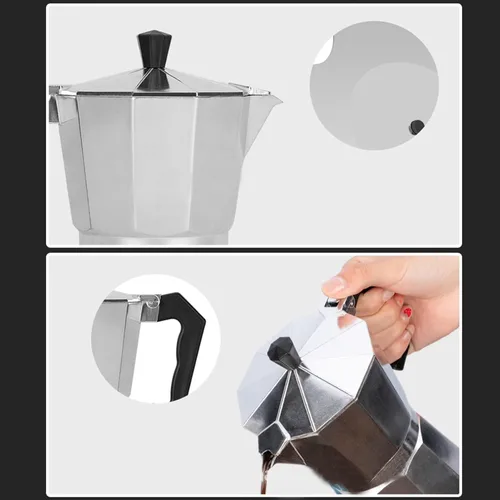Vista 5 de Cafetera italiana, olla de aleación de aluminio con colador de metal para cocina (2 tazas de 3.4 fl oz)