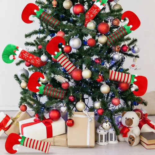 Vista 4 de 6 patas de elfo de Navidad, púa de botas, rayas con purpurina, patas rellenas de elfo con alambre fijo, decoraciones colgantes para árbol