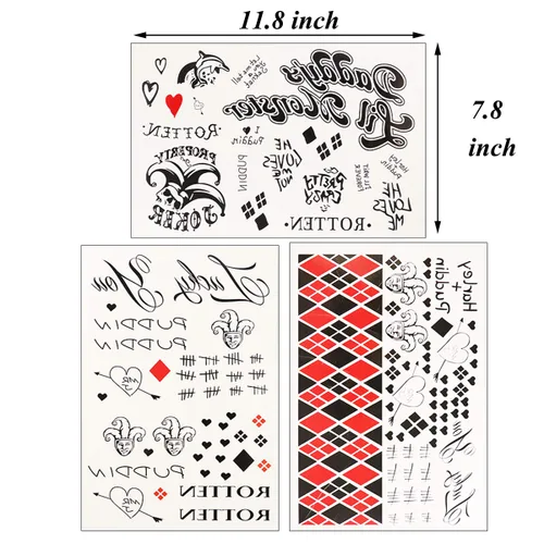 Vista 6 de 3 hojas de tatuajes temporales de sede del escuadrón suicida, calcomanía de tatuaje HQ perfecta para Halloween, cosplay, disfraces y accesorios