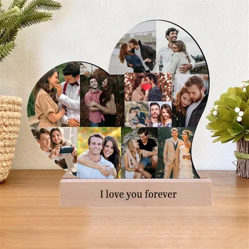 Vista 3 de Marco de fotos personalizado con collage de corazón, placa de madera con base para el día de San Valentín, boda, aniversario, cumpleaños, decoración